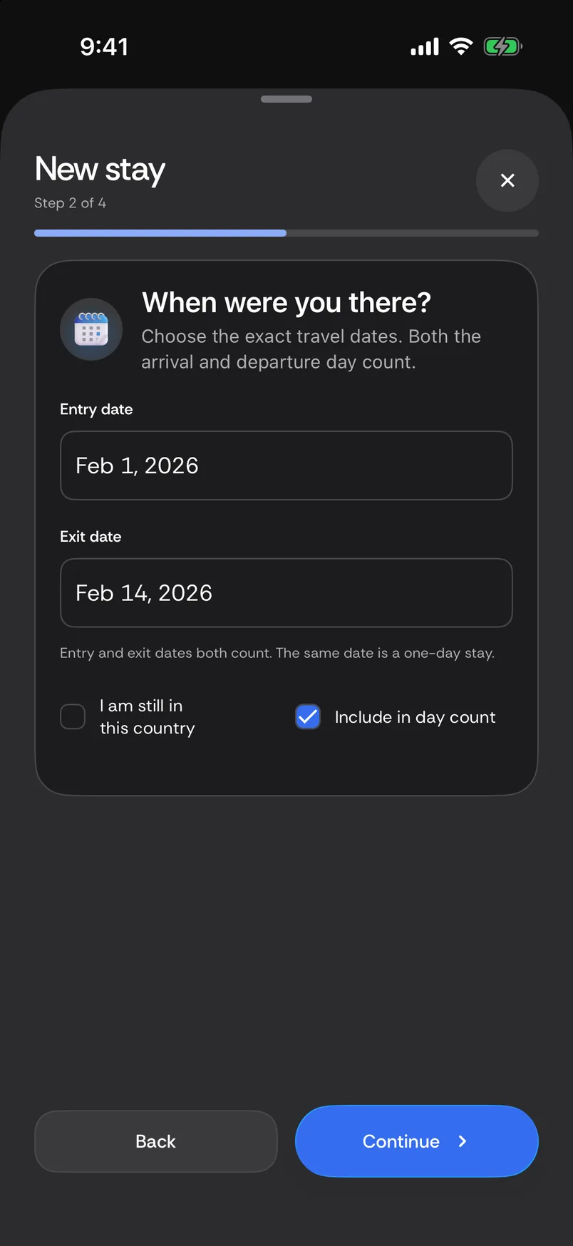 Passport Days trip entry with entry and exit dates and an option to include the stay in day counts.