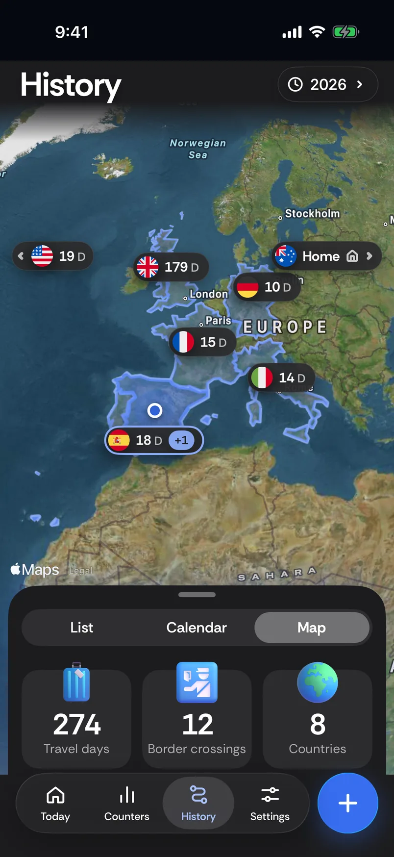 History, Map: a satellite map of Europe with days per country, United Kingdom 179, United States 19, Germany 10, France 15, Italy 14, Spain 18, and a summary of 274 travel days, 12 border crossings and 8 countries.