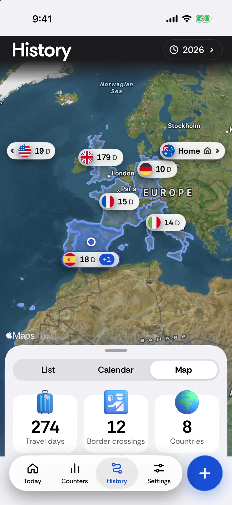 History, Map: a satellite map of Europe with days per country, United Kingdom 179, United States 19, Germany 10, France 15, Italy 14, Spain 18, and a summary of 274 travel days, 12 border crossings and 8 countries.