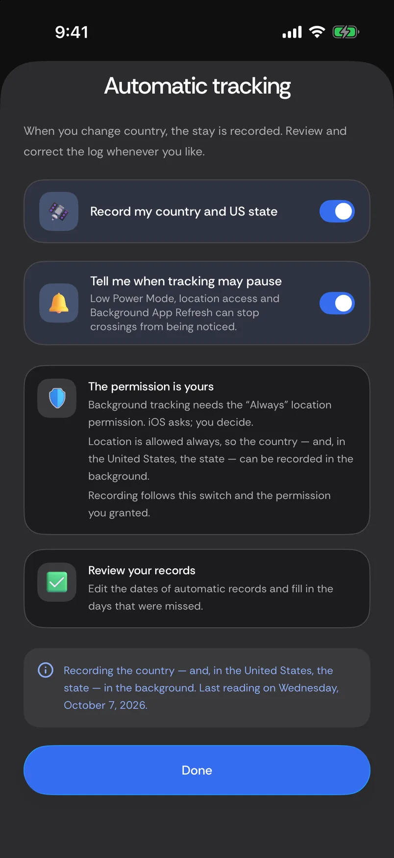 Automatic tracking sheet: Record my country and US state is on and Tell me when tracking may pause is on; the permission is yours, location is allowed always, with a Review your records card and a Done button.