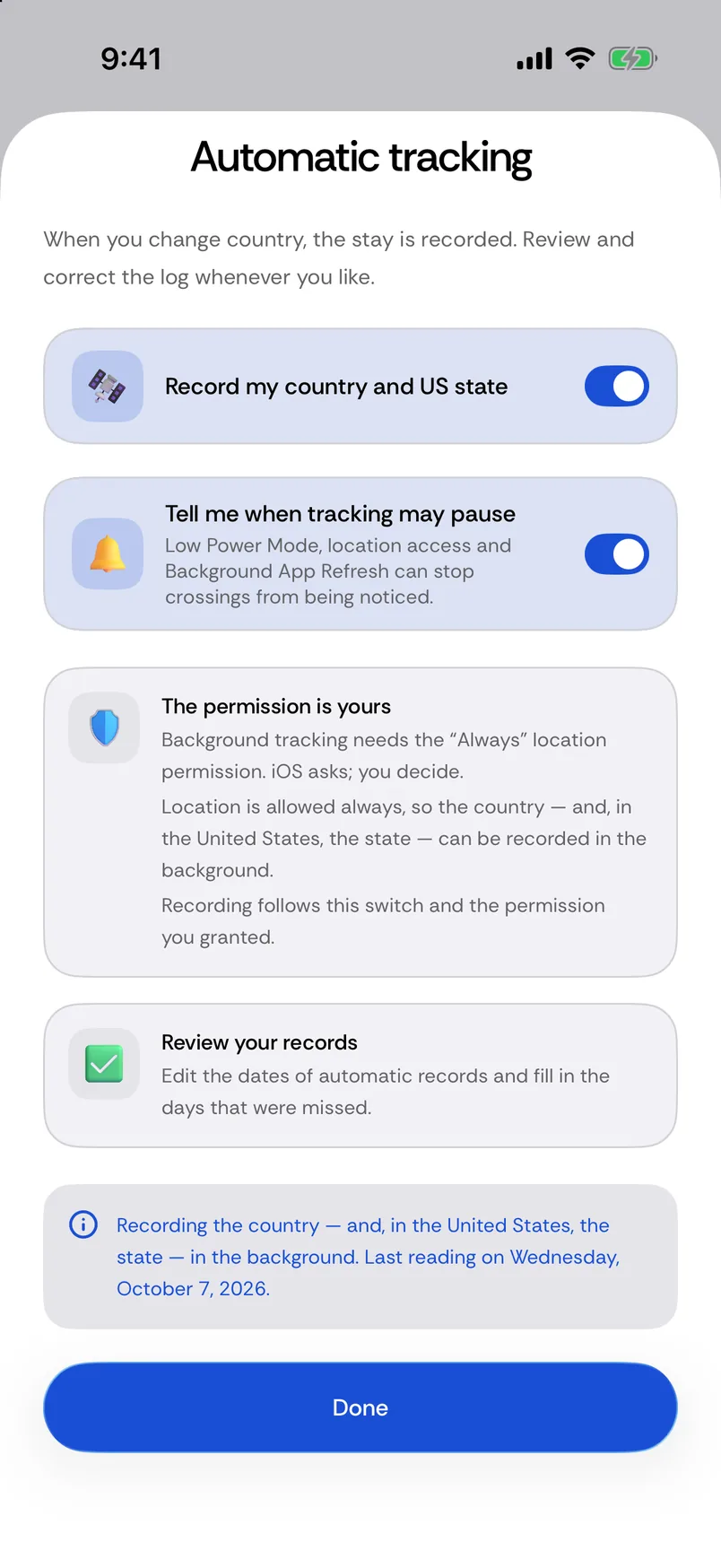 Automatic tracking sheet: Record my country and US state is on and Tell me when tracking may pause is on; the permission is yours, location is allowed always, with a Review your records card and a Done button.