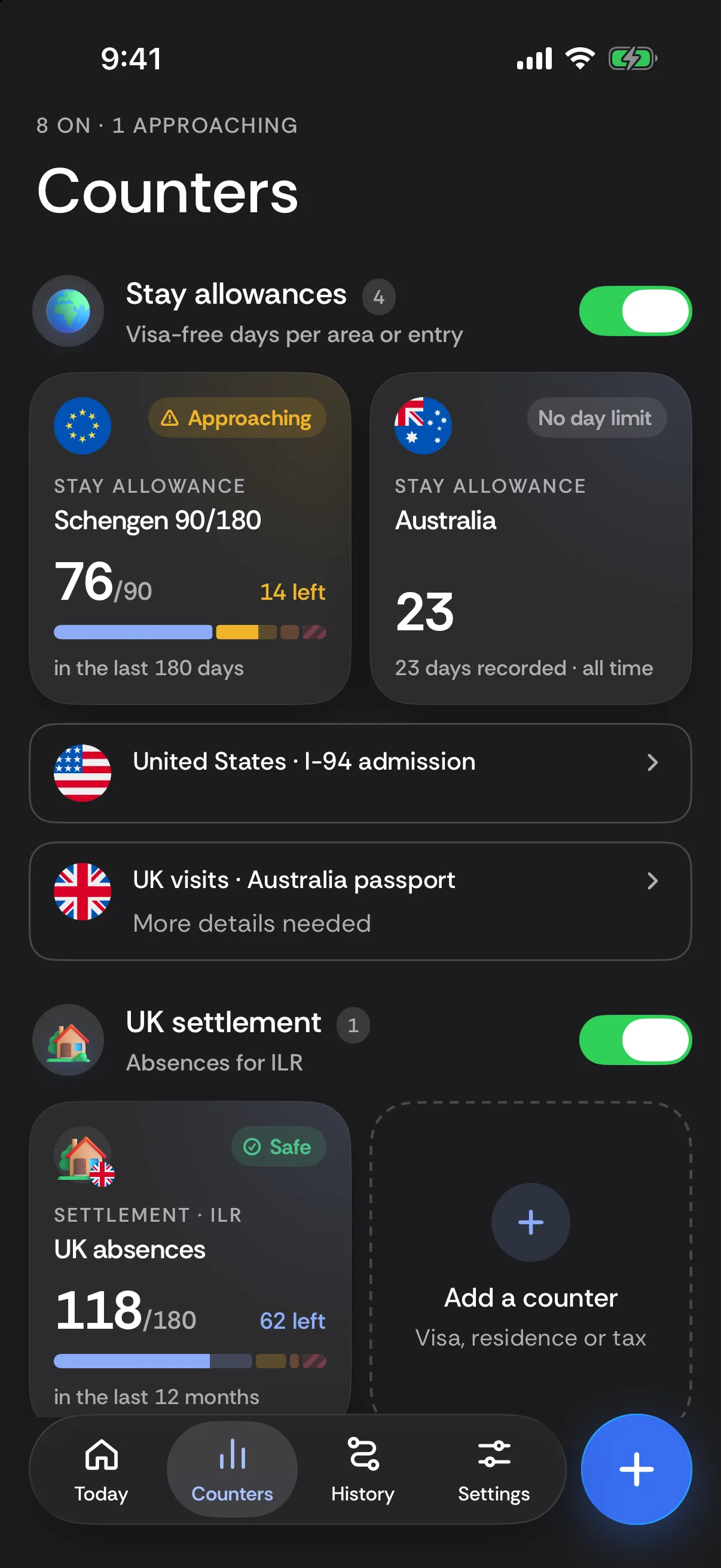 Passport Days Counters screen with example day counts in the dark theme