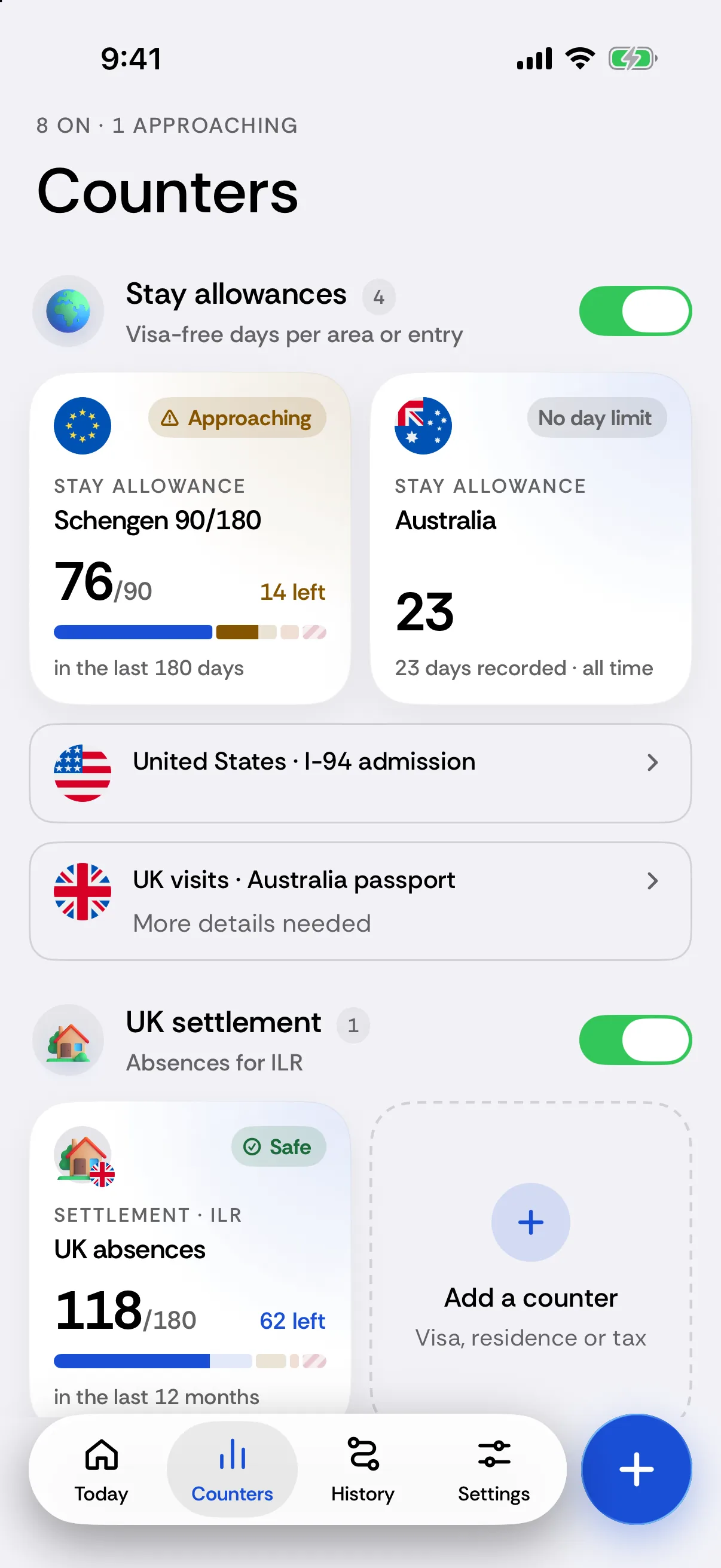 Passport Days Counters screen with example day counts
