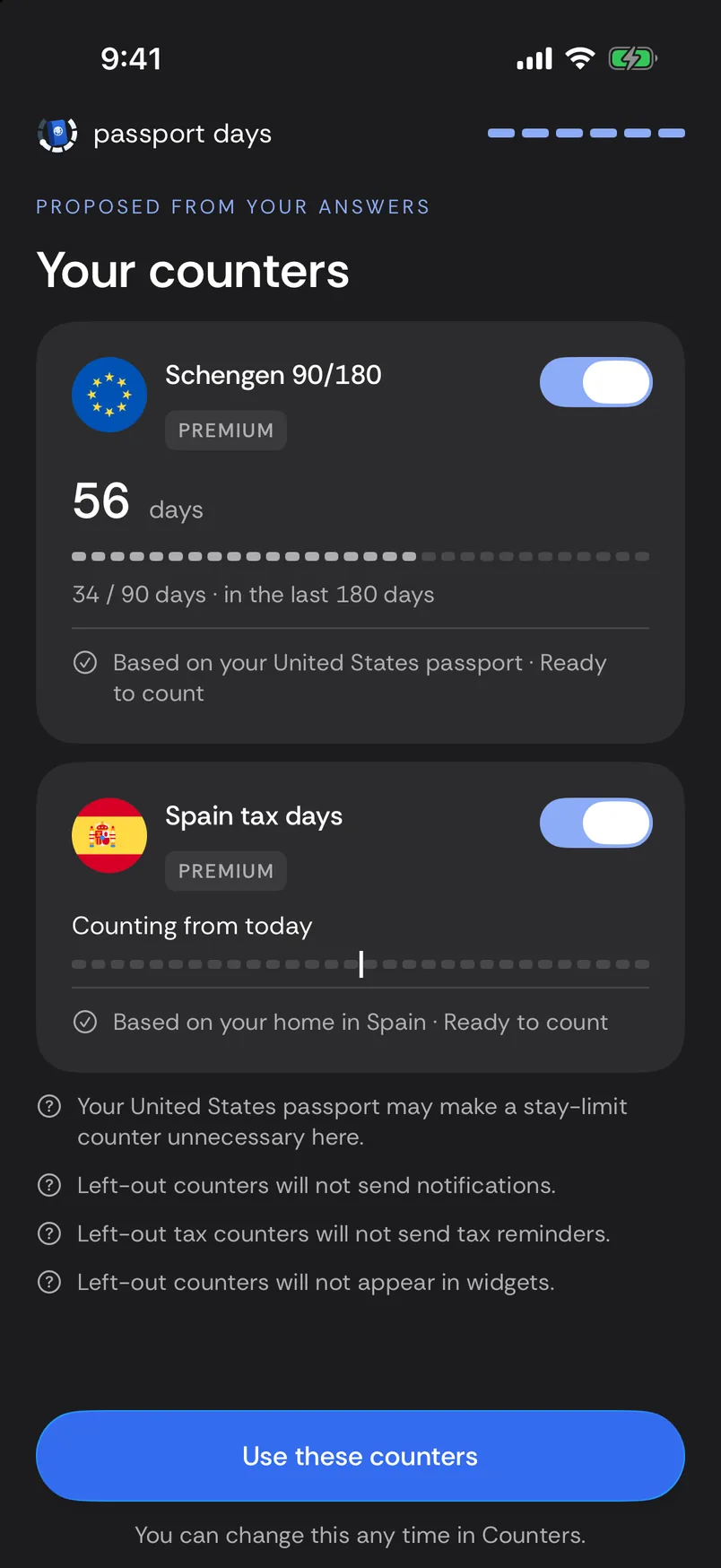Your counters: a proposal of Schengen 90/180, 56 days, 34 of 90 days in the last 180 days, and Spain tax days counting from today, both marked Premium and switched on, with a Use these counters button.