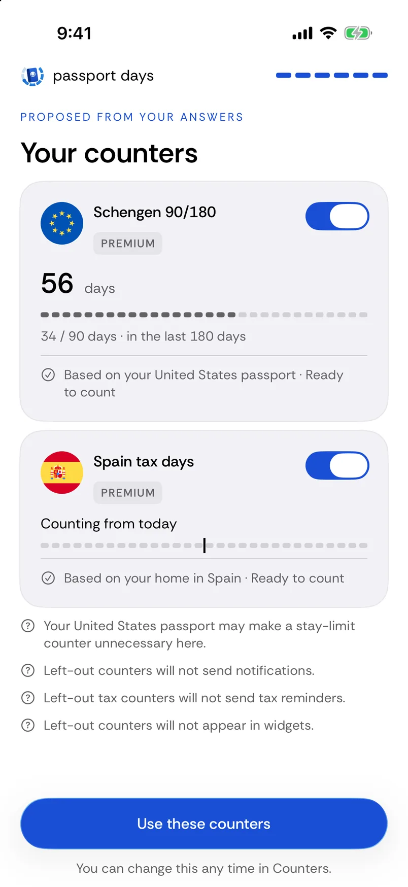 Your counters: a proposal of Schengen 90/180, 56 days, 34 of 90 days in the last 180 days, and Spain tax days counting from today, both marked Premium and switched on, with a Use these counters button.