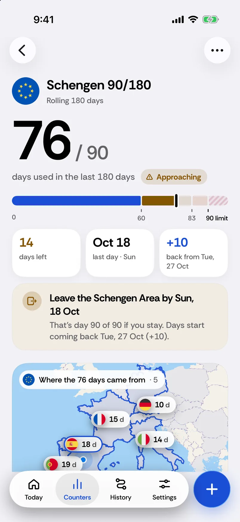 Passport Days Schengen counter with days left, a leave-by date and days coming back.