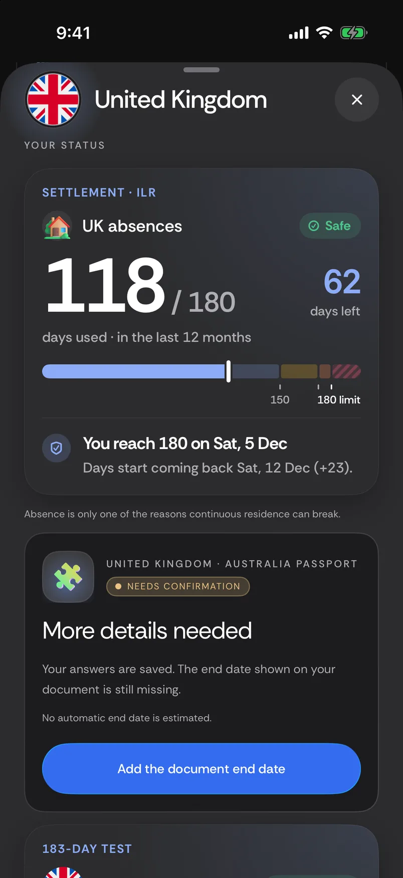United Kingdom sheet: UK absences 118 of 180 days in the last 12 months, 62 days left, Safe; you reach 180 on Sat, 5 Dec and days start coming back Sat, 12 Dec (+23); below it, an Australia passport card reading More details needed, with an Add the document end date button.