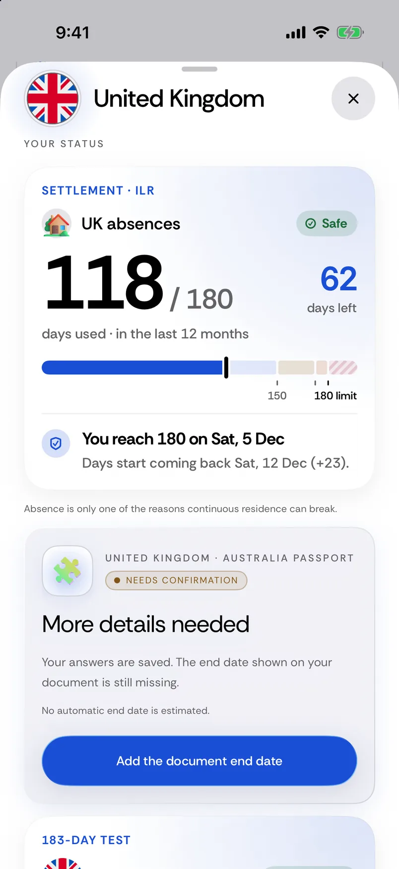 Passport Days UK absence counter with the rolling window, days left and days coming back.