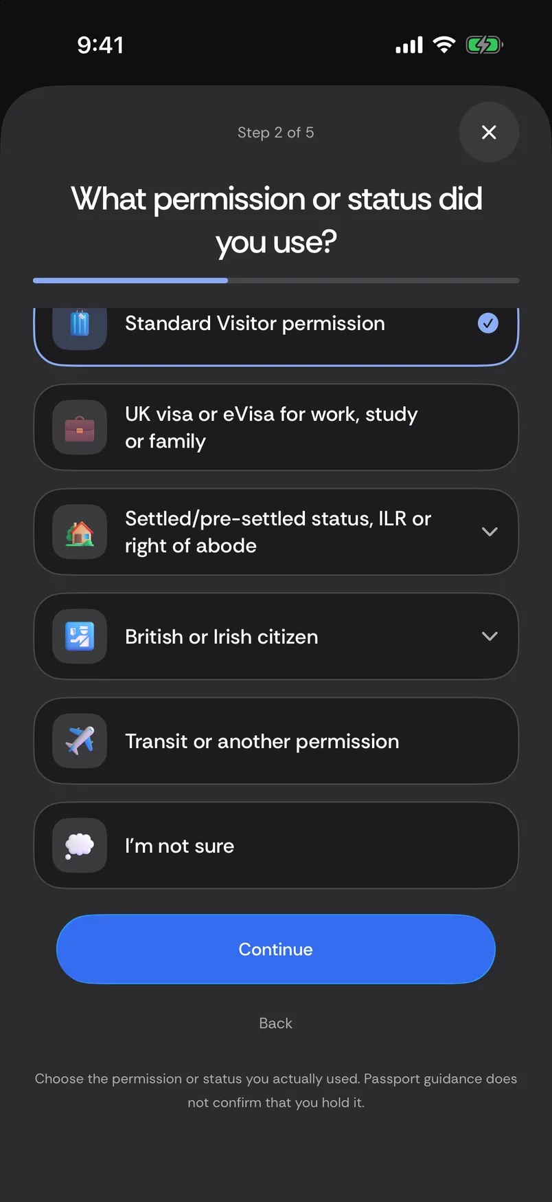 UK setup, step 2 of 5: What permission or status did you use? Standard Visitor permission is selected; the other options are a UK visa or eVisa for work, study or family, settled or pre-settled status, ILR or right of abode, British or Irish citizen, transit or another permission, and I'm not sure.