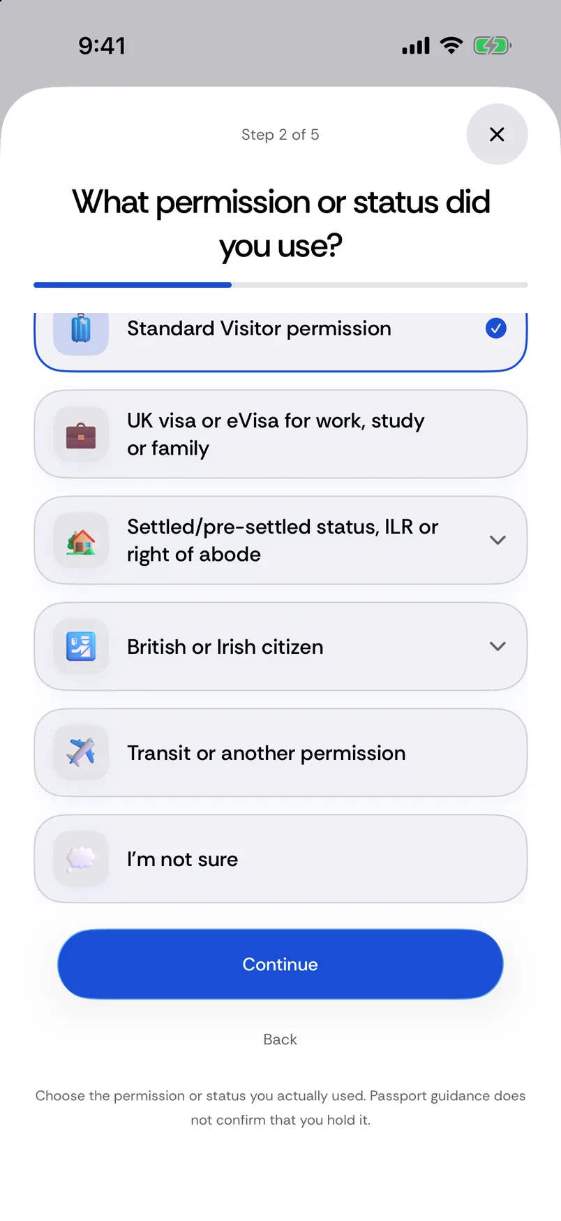 UK setup, step 2 of 5: What permission or status did you use? Standard Visitor permission is selected; the other options are a UK visa or eVisa for work, study or family, settled or pre-settled status, ILR or right of abode, British or Irish citizen, transit or another permission, and I'm not sure.