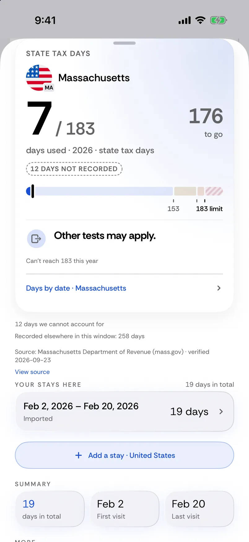 United States sheet: Massachusetts state tax days, 7 of 183 days used in 2026, 176 to go, with 12 days not recorded and a note that other tests may apply; one imported US stay, Feb 2 to Feb 20, 2026, 19 days.