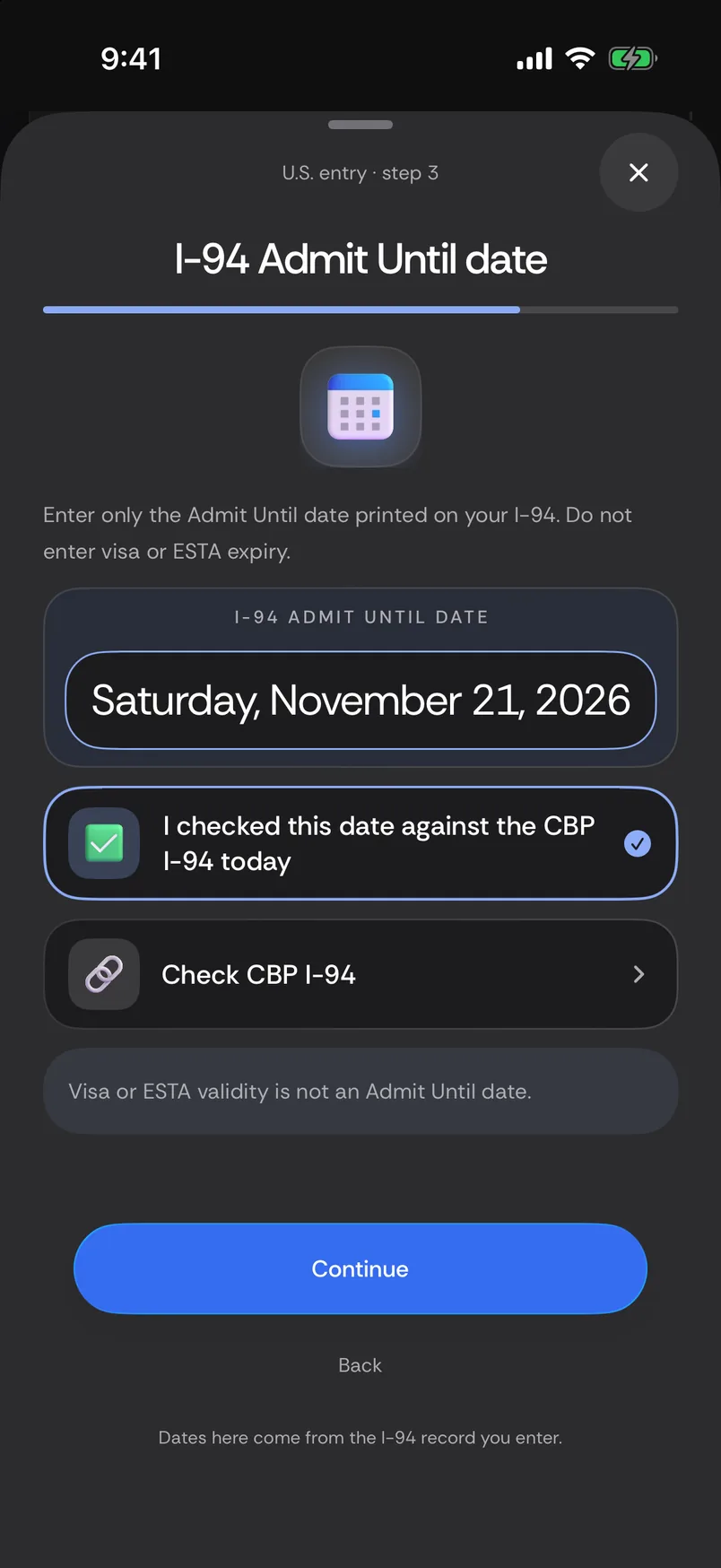 Passport Days US entry setup with the I-94 Admit Until date, separate from visa or ESTA validity.