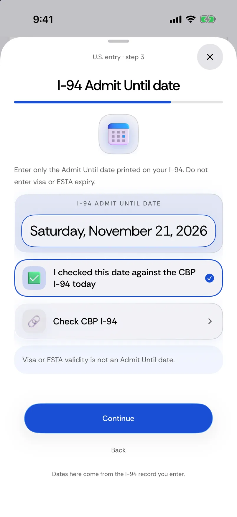 Passport Days US entry setup with the I-94 Admit Until date, separate from visa or ESTA validity.